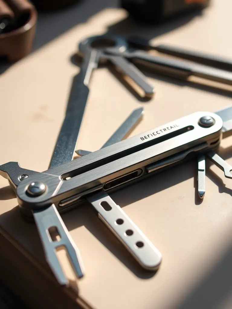 A detailed shot of the BEFIECRETAIL Multi-tool Camping Kit, showcasing its various tools and stainless steel construction, with a focus on its durability and versatility.