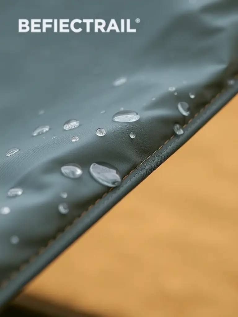 A close-up shot of the BEFIECRETAIL Explorer Tent fabric, highlighting its waterproof and tear-resistant properties, with water droplets beading on the surface.