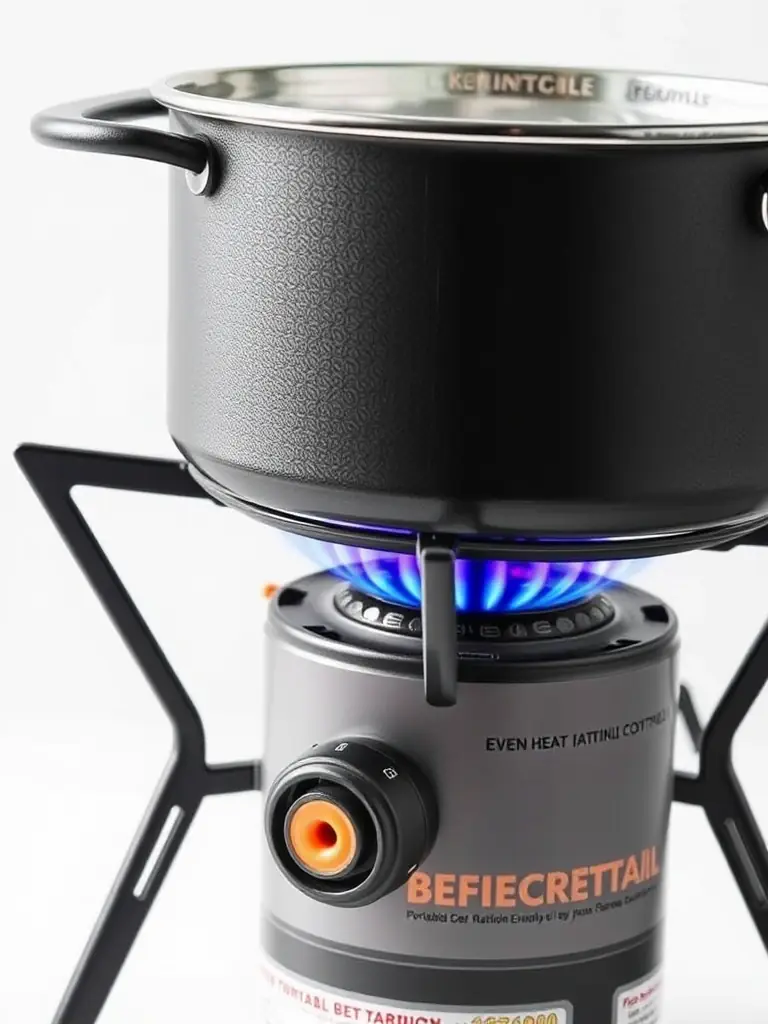 A close-up of the BEFIECRETAIL Portable Camping Stove burner, demonstrating its even heat distribution and adjustable flame control, with a pot of boiling water on top.